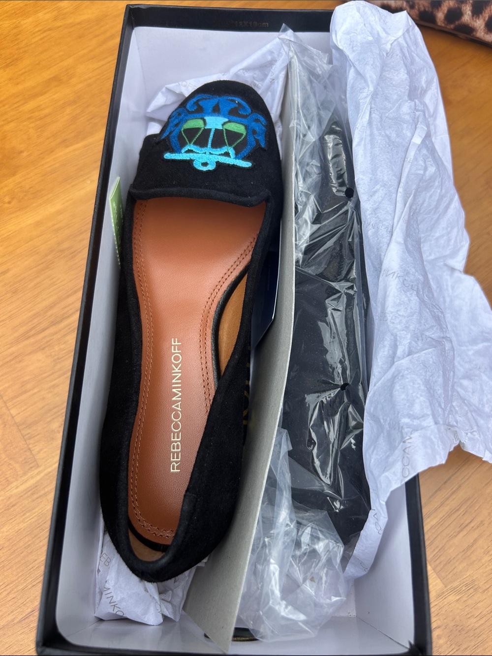 Rebecca Minkoff Black Suede Flats with Blue and Green Embroidery